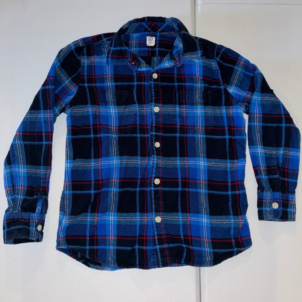 Gap Kids Blue Black Plaid Flannel Button Down Shirt Size L Large Long Sleeve
